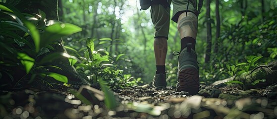 Trekker walking through a vibrant jungle, with a focus on the lush surroundings and footwear Generative AI