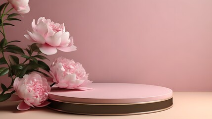 Obraz na płótnie Canvas Creative composition for product advertising. Empty round podium platform stand for beauty product presentation and beautiful peonies flowers around on pink background. Front view