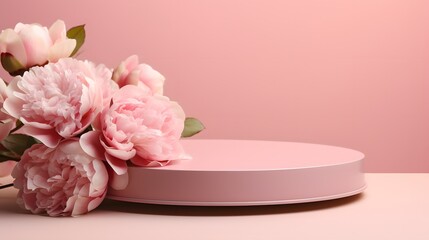 Creative composition for product advertising. Empty round podium platform stand for beauty product presentation and beautiful peonies flowers around on pink background. Front view