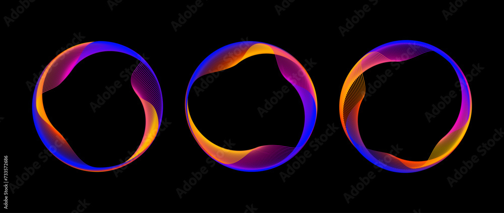 Poster Neon iridescent blend circle line set. Shimmering glowing round tech frame collection. Curved wavy circles on black background. Bright gradient circular border pack. Vector design element bundle