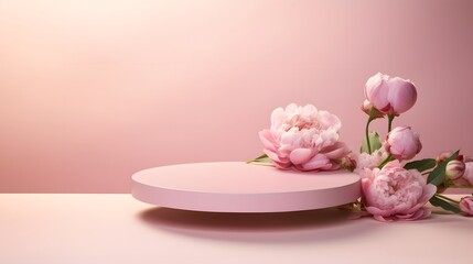 Obraz na płótnie Canvas Creative composition for product advertising. Empty round podium platform stand for beauty product presentation and beautiful peonies flowers around on pink background. Front view