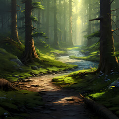 A tranquil forest scene with a winding path.