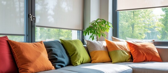 Motorized roller blinds and colorful pillows on a sofa near full height windows with automatic sunscreen curtains on a sunny day