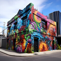 A vibrant street art mural in an urban setting. 