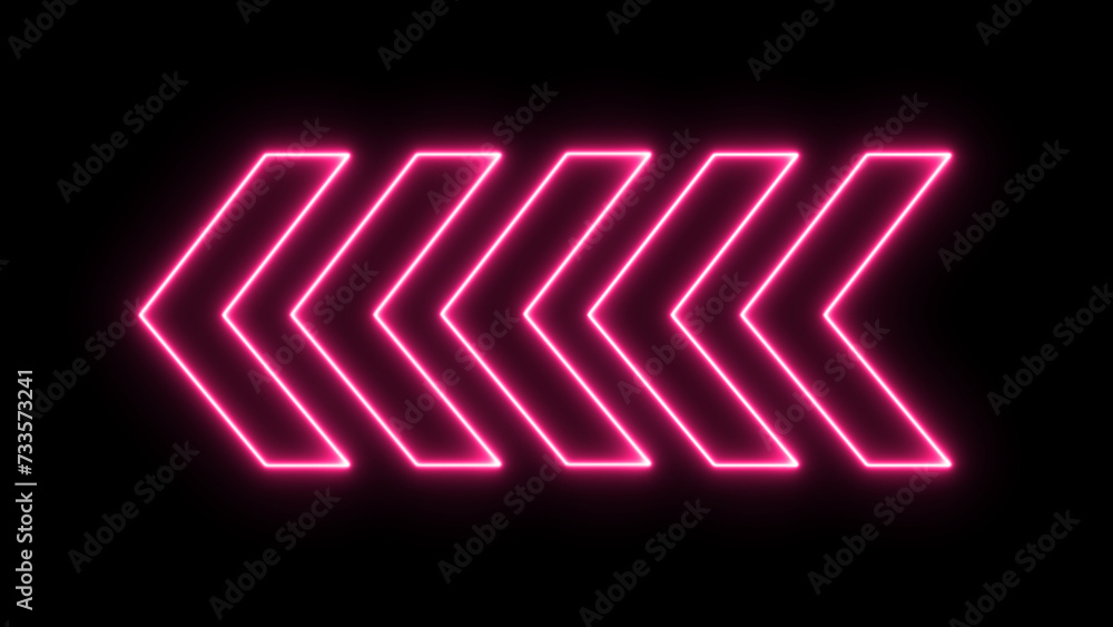 Poster purple neon arrows point on a black background. neon left arrows icons. glowing pointers on a transp