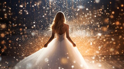 Dride from behind in wedding dress woman, bright glitter background.
