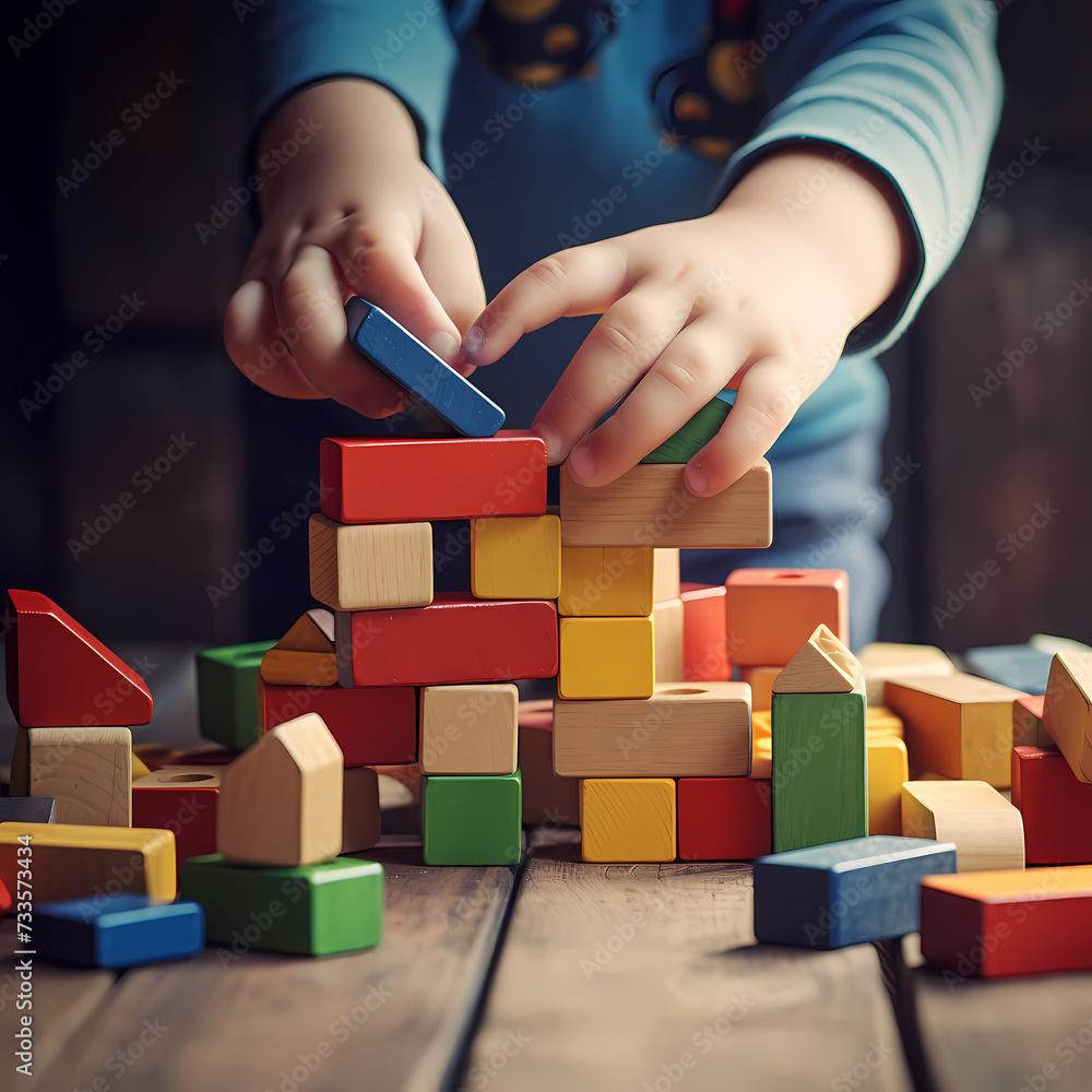 Wall mural A childs hands playing with building blocks. 