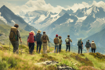 Fototapeta na wymiar Hiking group enjoying mountain views