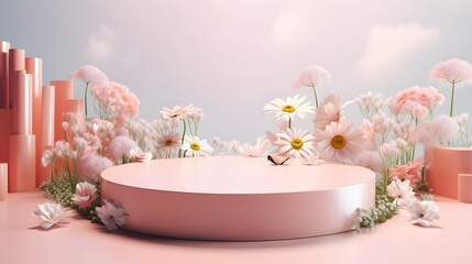 Empty round platform podium for cosmetic products advertising surrounded surreal fantasy spring summer flowers in pastel colors.