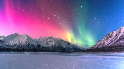 Fototapeta na wymiar Snow-covered mountains illuminated by the aurora borealis