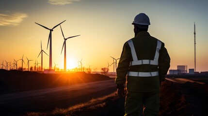 An engineer in a reflective vest and hardhat is inspecting a tablet with wind turbines in the background during sunset.
