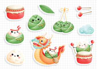 Watercolor Dragon Boat Festival, Rice Dumpling Sticker. Vector illustration