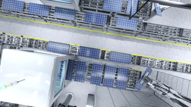 Top view of solar panel conveyor belts operated by robot arms in modern renewable energy factory, 3D animation rendering. Aerial close up shot of photovoltaics production in manufacturing facility