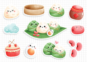 Watercolor Dragon Boat Festival, Rice Dumpling Sticker. Vector illustration