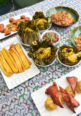Amazonian round: Juanes, typical Amazonian food in banana leaves. Typical jungle food with rice, chicken and dresses. Peruvian food