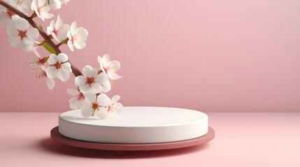 Obraz na płótnie Canvas Round podium platform stand for product presentation and spring flowering tree branch with white blossom flowers on pastel background. Front view
