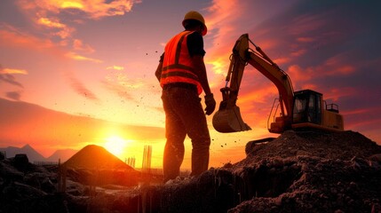 Engineers are working on road construction with sunset background