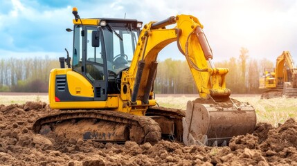 Fototapeta premium Excavator in construction site with sunlight background