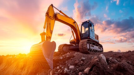Excavator in construction site with sunlight background