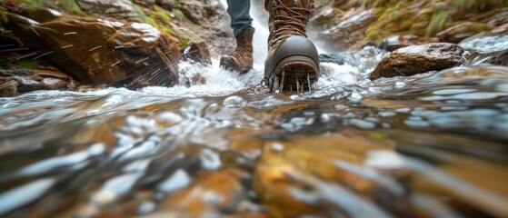 Hiker's boots mid-step in a rocky flowing river with splashing water Generative AI