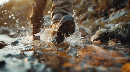 Hiker's boots mid-step in a rocky flowing river with splashing water Generative AI