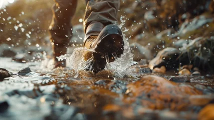Fotobehang Hiker's boots mid-step in a rocky flowing river with splashing water Generative AI © Nakarin