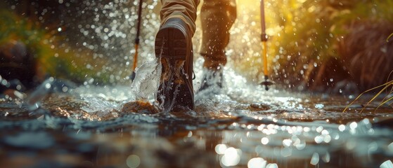 Hiker's boots mid-step in a rocky flowing river with splashing water Generative AI