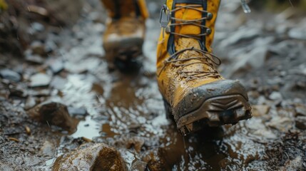 Hiker's boots mid-step in a rocky flowing river with splashing water Generative AI