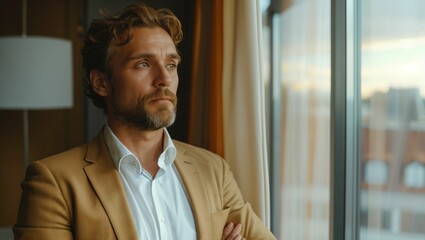 Fototapeta premium Businessman standing by the window in the office, pretending to think