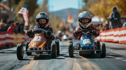 Two little boys driving and racing old vintage toy car - obrazy, fototapety, plakaty