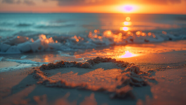 Creative stock photo of a heart drawn in the sand with the waves gently washing over it, sunset in the background