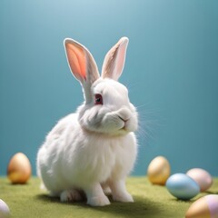 Obraz premium White rabbit ear on pastel blue background. Easter day. 3d rendering