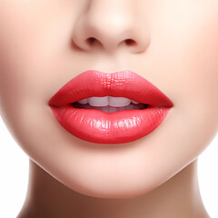 Fototapeta premium Cropped close up image of a woman lips with light peach glossy lipstick. Model with perfect plump Lips. Lips makeup closeup. Beauty clinic concept