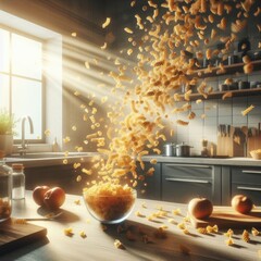 Numerous pasta pieces are magically floating in mid-air, creating a sense of motion and energy - obrazy, fototapety, plakaty