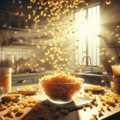 Numerous pasta pieces are magically floating in mid-air, creating a sense of motion and energy - obrazy, fototapety, plakaty