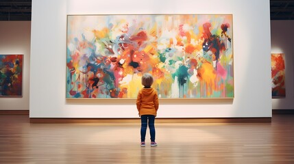 Unrecognizable child looking at modern art painting in a gallery
