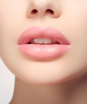 Cropped close up image of a young Caucasian female model with fashion pink peach glossy lipstick. Model with perfect plump Lips. Lips makeup closeup. Beauty clinic concept