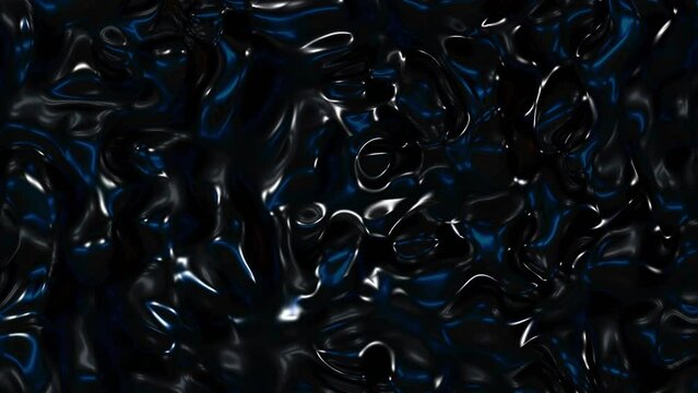 Abstract black blue coloured molten metal slow motion background.