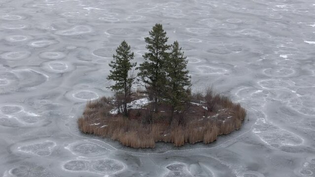 Frozen Embrace: Eerie Fog Shrouds Island on Frozen McQueen Lake