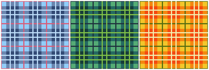 Pixel Art tartan plaid style seamless pattern color set vector illustration.