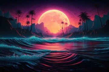 Fototapeta na wymiar Synthwave sunset, landscape, 80's retro synthwave color design ocean wave