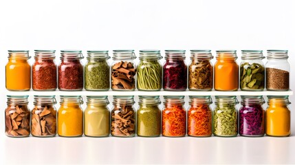 Various colorful spices and herbs are arranged in a neat row on a white background.
