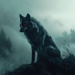 Mystical wolf with sharp red eyes in a misty area with a forest background. Creepy, eerie, horror, scary concept. Great for website blogs, inspiration etc. Generative AI