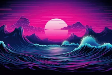 Fototapeten Synthwave sunset, landscape, 80's retro synthwave color design ocean wave © Asman