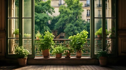 Window doors and french balcony decorated with three green potted plants - obrazy, fototapety, plakaty