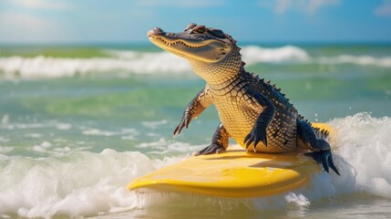 A cute alligator surfer enjoys a fun-filled summer day at the beach, riding waves with enthusiasm, Ai Generated.