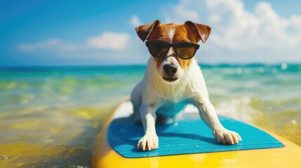 A cute dog surfer enjoys a fun-filled summer day at the beach, riding waves with enthusiasm, Ai Generated.