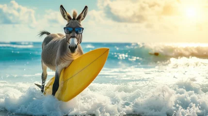Deurstickers A cute donkey surfer enjoys a fun-filled summer day at the beach, riding waves with enthusiasm, Ai Generated. © Crazy Juke