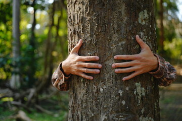 Human hands touching tree green forest in tropical woods, hug tree or protect environment, co2, net zero concept, pollution or climate change, earth day