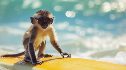 A cute gibbon surfer enjoys a fun-filled summer day at the beach, riding waves with enthusiasm, Ai Generated.
